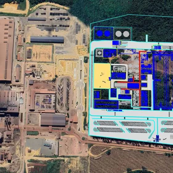 Layout conceitual da usina sobreposto à imagem de satélite do terreno